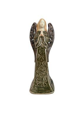 Ceramic Angel Figurine Earth Tone Glaze Praying Angel Sculpture 8 Inch